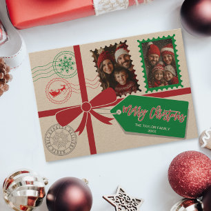 Kraft Red Green Gift Bow Foto Vrolijk Kerstfeest Feestdagenkaart