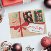 Kraft Red Green Gift Bow Foto Vrolijk Kerstfeest Feestdagenkaart
