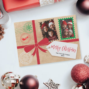 Kraft Red Green Gift Bow Foto Vrolijk Kerstfeest Feestdagenkaart