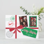 Kraft Red Green Gift Bow Foto Vrolijk Kerstfeest Feestdagenkaart (Staand voorkant)