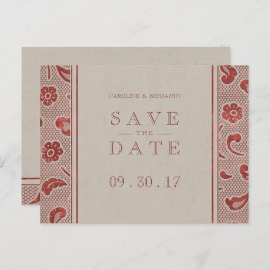 Kraft red Lace rustic bruiloft, behalve de datum Aankondigingskaart (Voorkant / Achterkant)