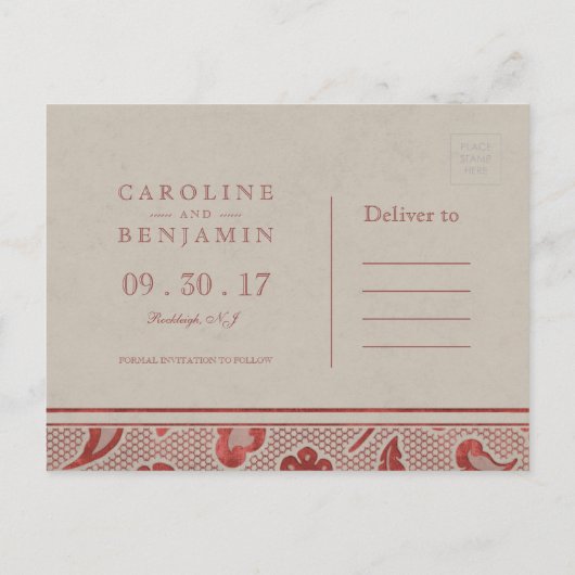 Kraft red Lace rustic bruiloft, behalve de datum Aankondigingskaart (Achterkant)