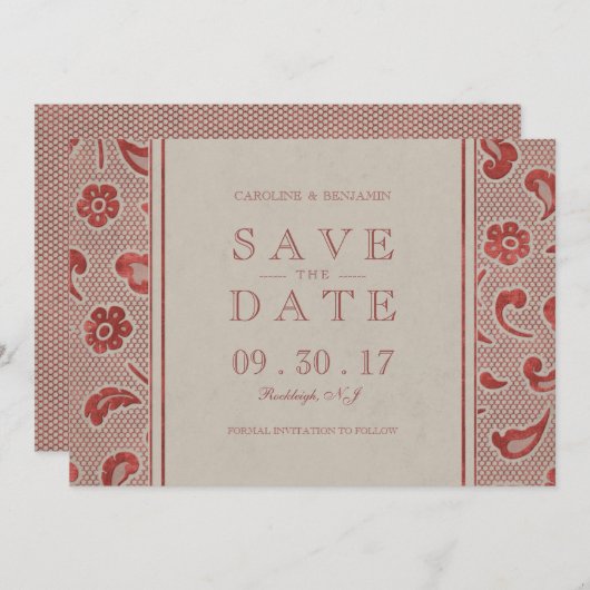 Kraft red Lace rustic bruiloft, behalve de datum Save The Date (Voorkant / Achterkant)
