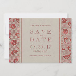 Kraft red Lace rustic bruiloft, behalve de datum Save The Date