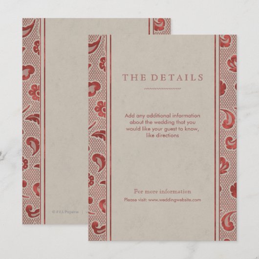 Kraft red Lace rustic country bruiloft card Informatiekaartje (Voorkant / Achterkant)
