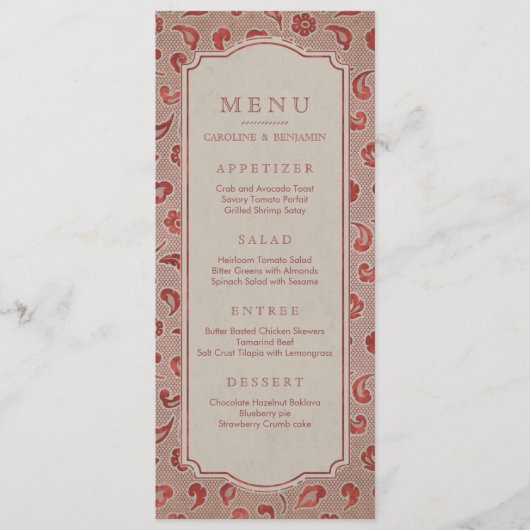Kraft red Lace rustic country bruiloft menu (Voorkant)