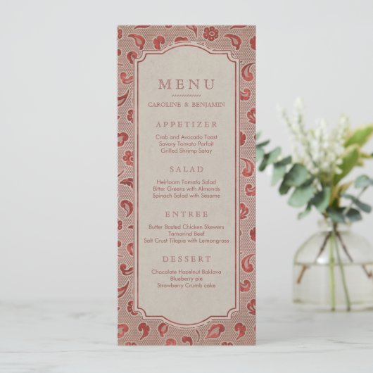 Kraft red Lace rustic country bruiloft menu (Staand voorkant)