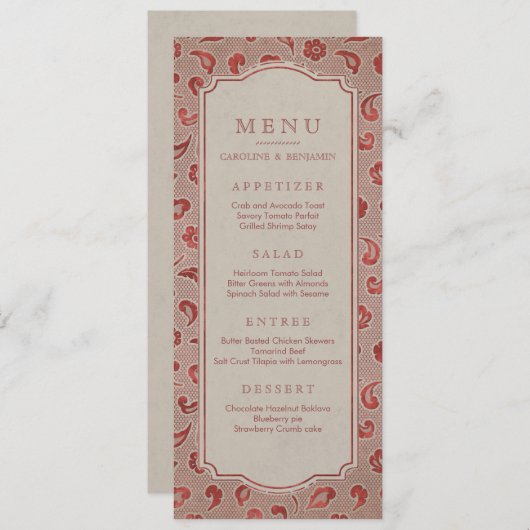 Kraft red Lace rustic country bruiloft menu (Voorkant / Achterkant)