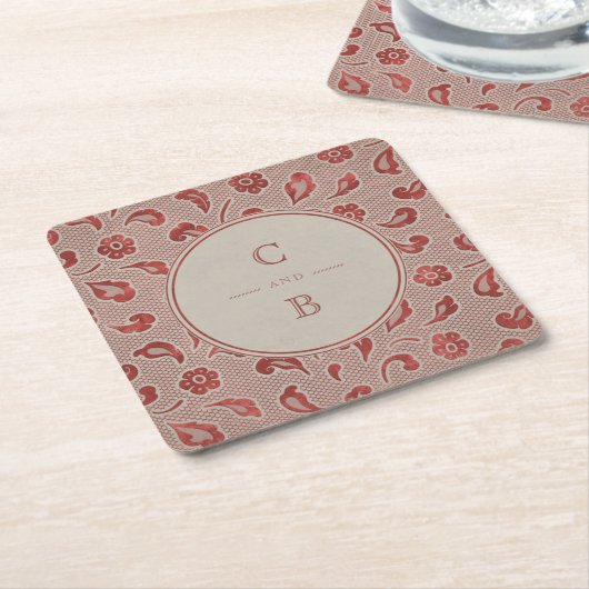 Kraft red Lace rustic country bruiloft monogram Kartonnen Onderzetters (Schuin)