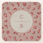 Kraft red Lace rustic country bruiloft monogram Kartonnen Onderzetters (Voorkant)