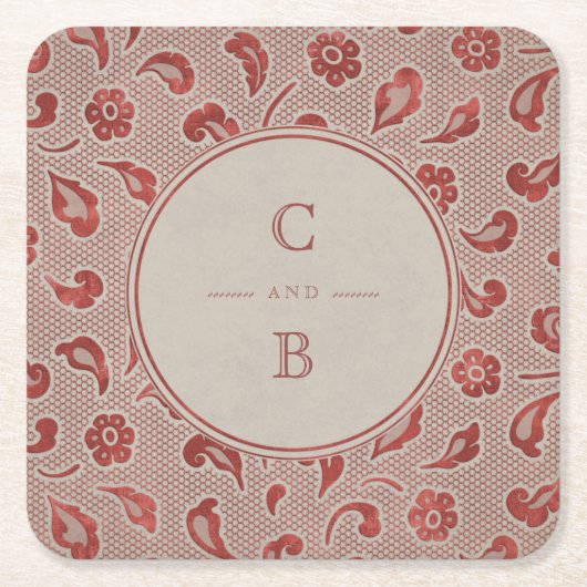Kraft red Lace rustic country bruiloft monogram Kartonnen Onderzetters (Voorkant)
