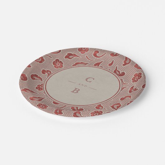 Kraft red Lace rustic country bruiloft monogram Papieren Bordje (Gekanteld)