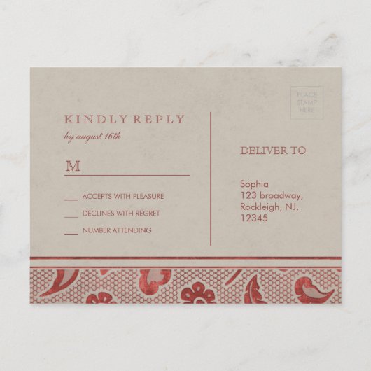 Kraft red Lace rustic country bruiloft RSVP Uitnodiging Briefkaart (Achterkant)