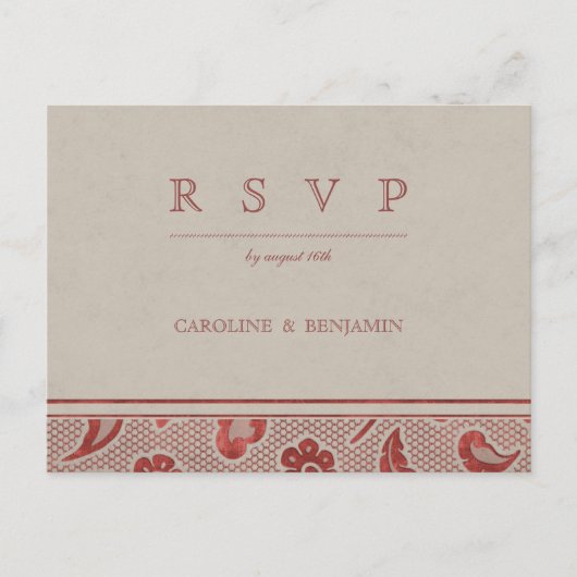 Kraft red Lace rustic country bruiloft RSVP Uitnodiging Briefkaart (Voorkant)