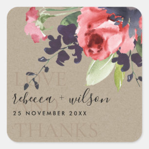 KRAFT RED ROSE FLORAL LOVE AND BEDANKT WEDING VIERKANTE STICKER