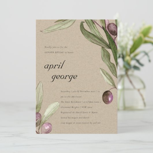 KRAFT RETRO OLIVE FOLIAGE GENDER REVEAL INVITE BEDANKKAART (Staand voorkant)