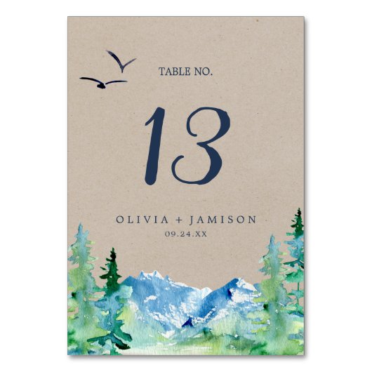 Kraft Rocky Mountain Wedding Table Number Kaart (Voorkant)