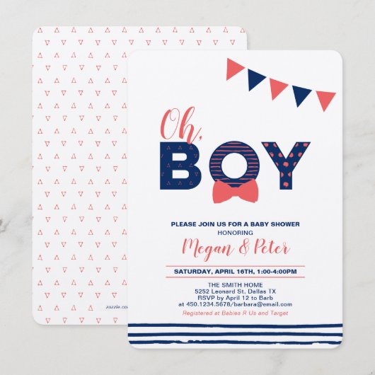 Kraft, Rode & Navy | Modern "Oh Boy"-Baby shower Kaart (Voorkant / Achterkant)