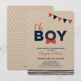 Kraft, Rode & Navy | Modern "Oh Boy"-Baby shower Kaart