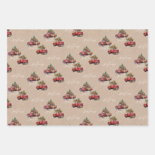 Kraft Rode Vrachtwagen Kerstboom Vrolijk Kerstfees Inpakpapier Vel (Voorkant 2)