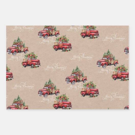 Kraft Rode Vrachtwagen Kerstboom Vrolijk Kerstfees Inpakpapier Vel (Voorkant)