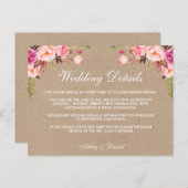 Kraft roze bloemenbruiloft details invoegen Kaart (Voorkant / Achterkant)
