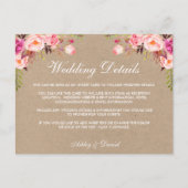 Kraft roze bloemenbruiloft details invoegen Kaart (Voorkant)