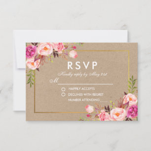 Kraft Roze Blush Bloemen Goud RSVP Bruiloft Kaart