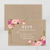 Kraft Roze Blush Bloemen Goud RSVP Bruiloft Kaart (Voorkant / Achterkant)