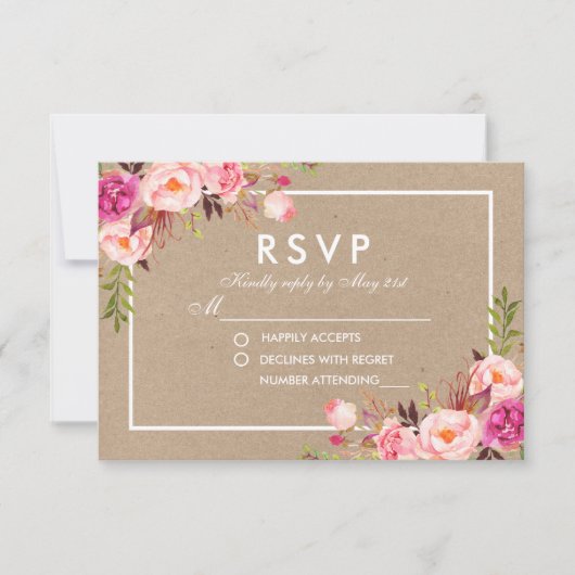 Kraft Roze Blush Waterverf Bloemen RSVP Bruiloft (Voorkant)