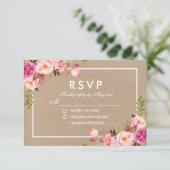 Kraft Roze Blush Waterverf Bloemen RSVP Bruiloft Kaartje (Staand voorkant)