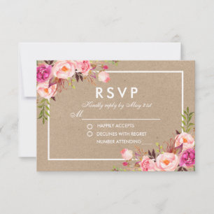 Kraft Roze Blush Waterverf Bloemen RSVP Bruiloft Kaartje