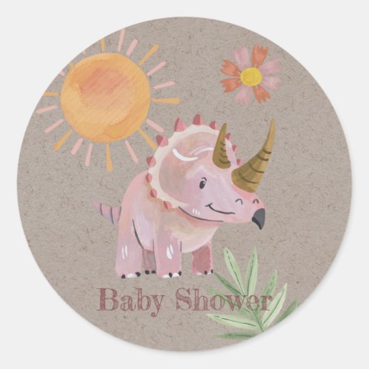 Kraft roze dinosaurus geschilderd meisje Baby show Ronde Sticker (Voorkant)