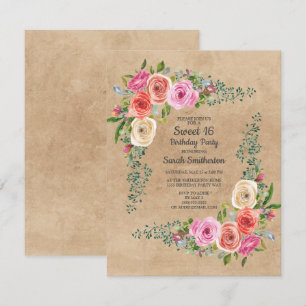 Kraft Roze Ivoorkleurig Aquarel Bloemig Sweet 16 Kaart