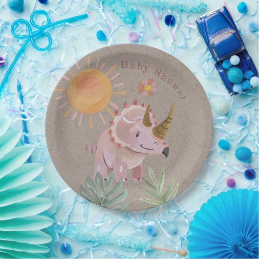 Kraft Roze Triceratops Dinisaur Meisje Baby shower Papieren Bordje (Feest)