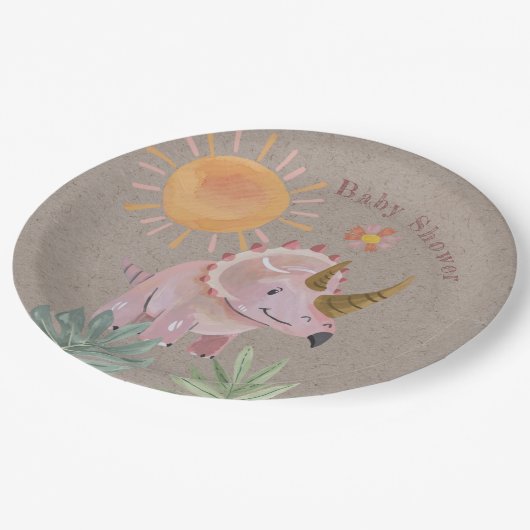 Kraft Roze Triceratops Dinisaur Meisje Baby shower Papieren Bordje (Gekanteld)