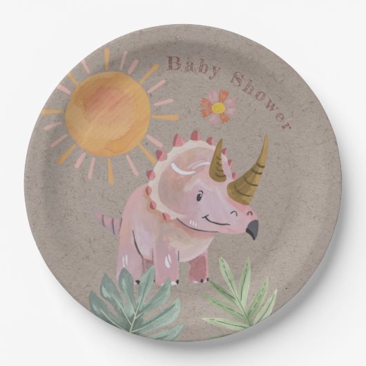 Kraft Roze Triceratops Dinisaur Meisje Baby shower Papieren Bordje (Voorkant)