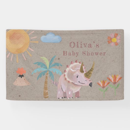 Kraft Roze Triceratops Dinisaur Meisje Baby shower Spandoek (Horizontaal)