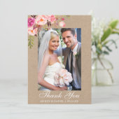 Kraft roze Waterverf bloemenbruiloft foto Bedankkaart (Staand voorkant)