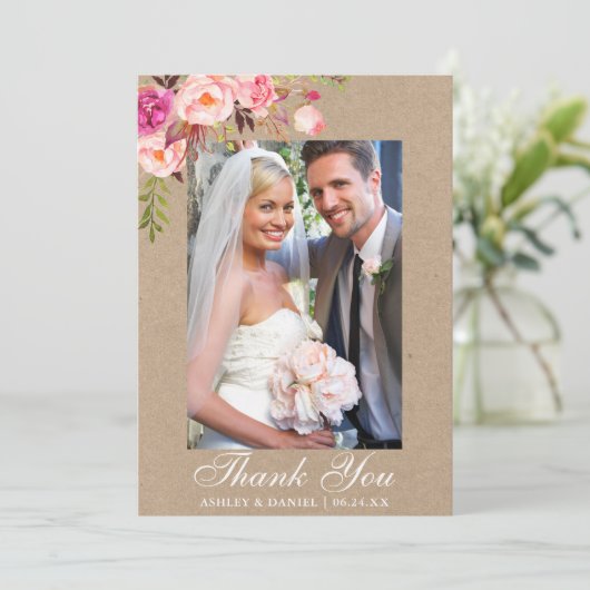 Kraft roze Waterverf bloemenbruiloft foto Bedankkaart (Staand voorkant)