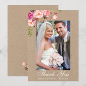 Kraft roze Waterverf bloemenbruiloft foto Bedankkaart (Voorkant / Achterkant)