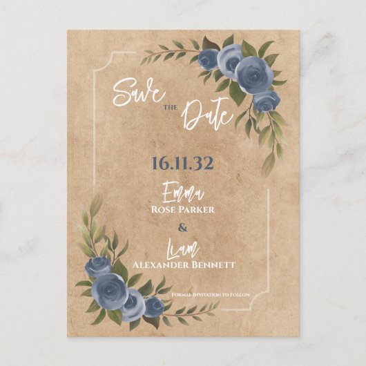 Kraft Rustic Blue Floral Wedding Save the Date Briefkaart (Voorkant)