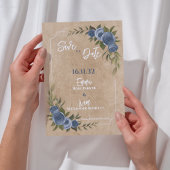 Kraft Rustic Blue Floral Wedding Save the Date Briefkaart
