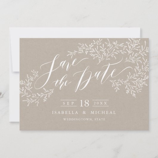 Kraft rustic floral calligraphy save the date (Voorkant)