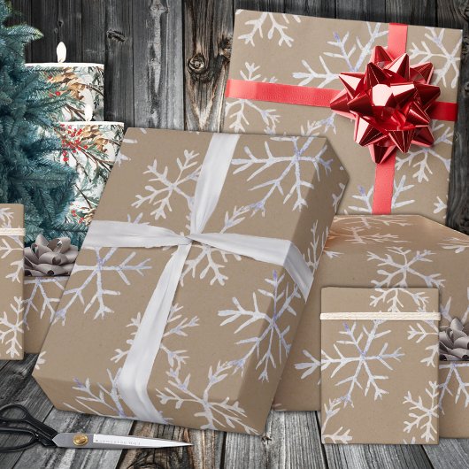 Kraft Rustic Hand-Drawn Icy White Snowflakes Inpakpapier Vel