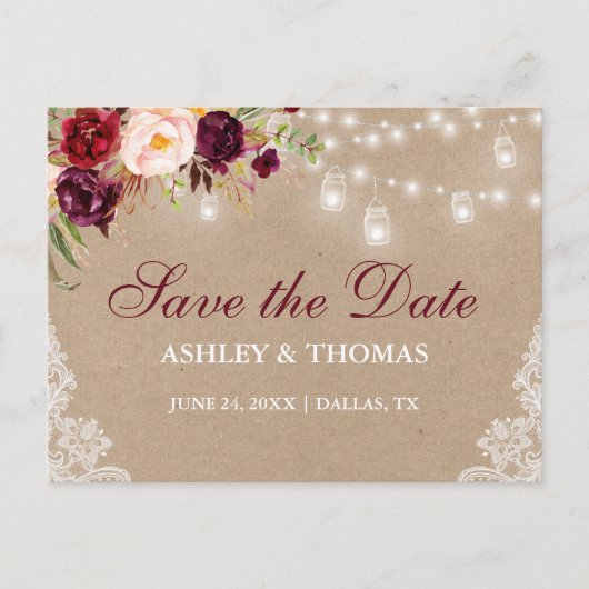 Kraft Rustic Jar Lights Lace Floral Save the Date Aankondigingskaart (Voorkant)