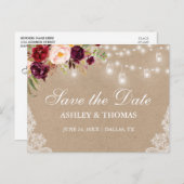 Kraft Rustic Lights Jars Lace Floral Save the Date Aankondigingskaart (Voorkant / Achterkant)