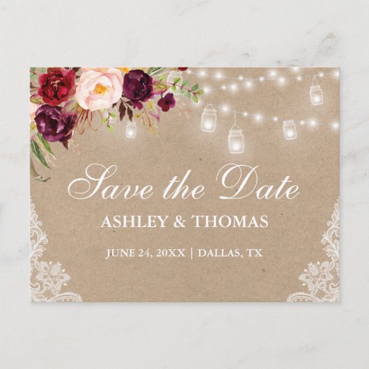 Kraft Rustic Lights Jars Lace Floral Save the Date Aankondigingskaart (Voorkant)