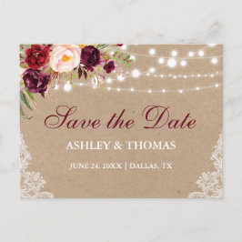 Kraft Rustic Lights Lace Floral Save the Date B Aankondigingskaart