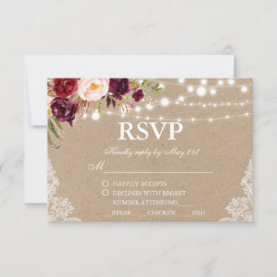 Kraft Rustic Trouwkant Lace Bloem RSVP met maaltij Kaartje